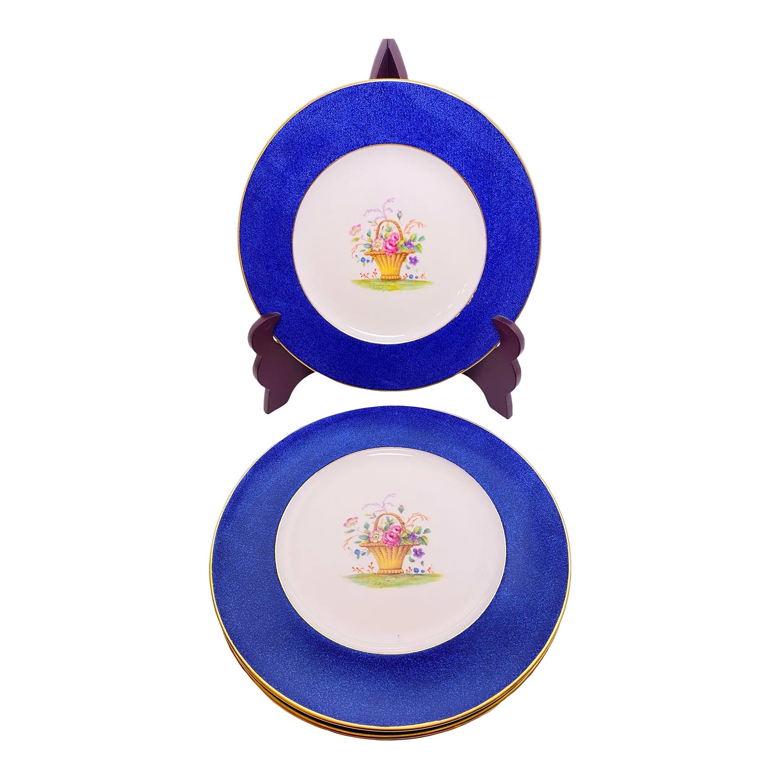 Antique Gauldon Ltd. Hand Painted Cobalt Royal Blue Dinner Plates, Made in England Set of 5