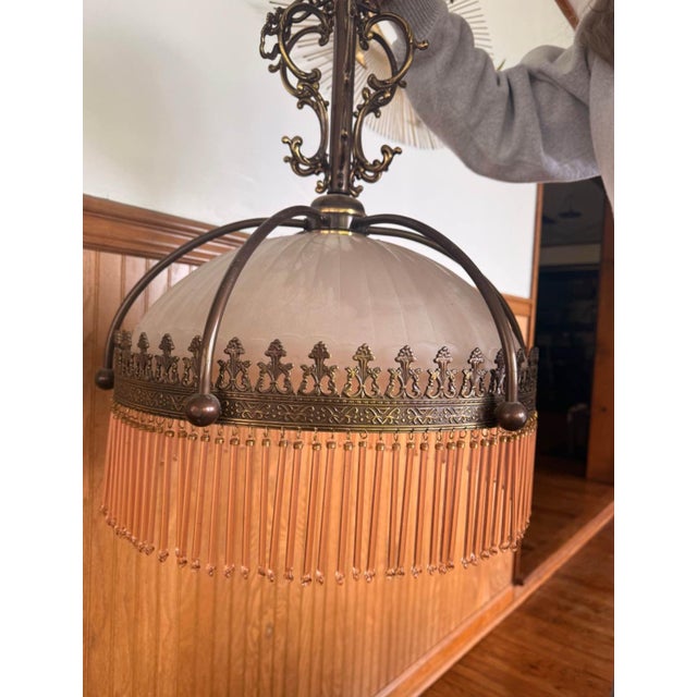 1930s 1920s/30s Frosted Glass Dome Chandelier With Brass Crown Detailing and Pink Blown Glass Beads For Sale - Image 5 of 9