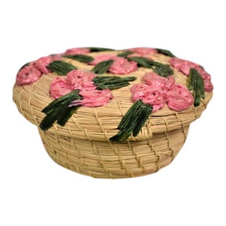 1970s Floral Raffia Lidded Basket For Sale