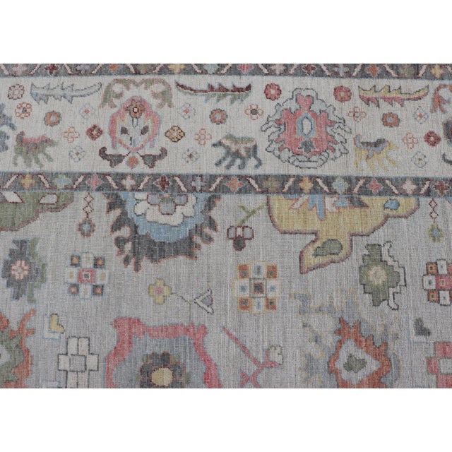 Textile Oushak Floral Motif on Light Grey Background and Colorful Design For Sale - Image 7 of 13