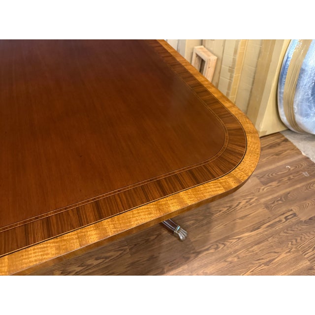 Brown Traditional Multi-Banded Mahogany Double Pedestal Dining Table - Showroom Sample For Sale - Image 8 of 15