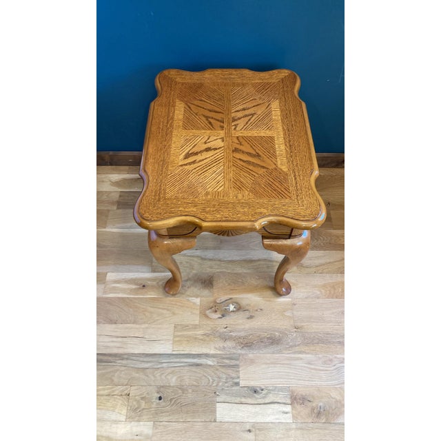 American Vintage Solid Oak Side Table With Carved Shell Motif For Sale - Image 3 of 7