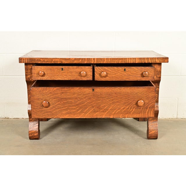 Early 20th Century Antique American Empire Carved Tiger Oak Lowboy Dresser, Circa 1900 For Sale - Image 5 of 11