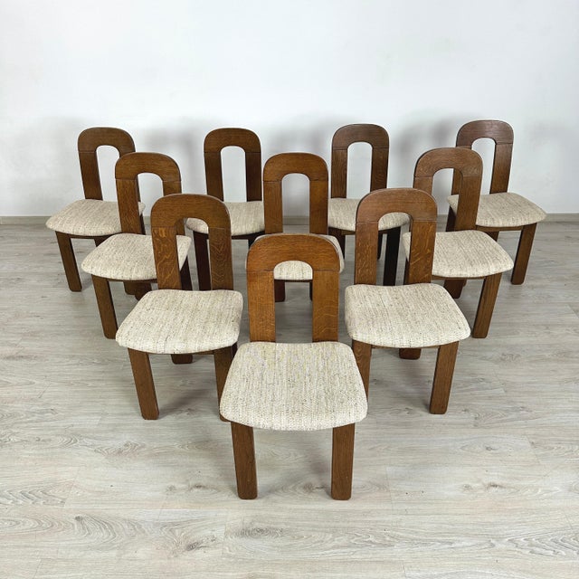 Dimensions: H 34.5” x W 19.3” x SD 17.5” x SH 18.5” Set of 10 Italian Vintage Brutalist dining chairs manner of Mobilgirgi...