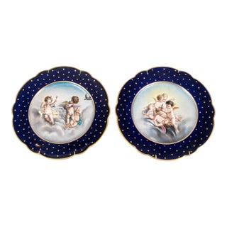 Pair Antique Franz Xaver Thallmaier Munich Cherub Cabinet Plates 9.5" Gilt For Sale