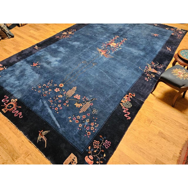 Antique Chinese Art Deco Rug, Hand-Knotted Wool Pile, Phoenix Motif Design, French Blue & Navy, 10' X 17’ For Sale - Image 4 of 17
