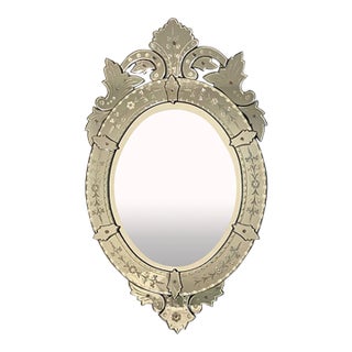 Vintage Venetian Italian Oval Oblong Etched Glass Wall Mirror With Wood Frame For Sale