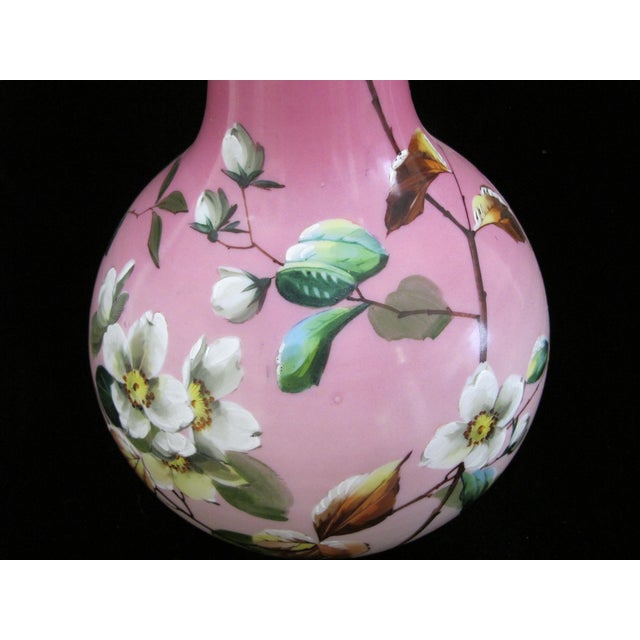 Victorian Harrach Enameled Flower Opaline Pink Cased Glass 17" Bohemian Vase For Sale In Portland, OR - Image 6 of 11