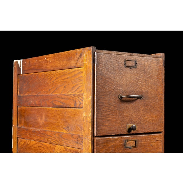 Wood Antique Oak Filing Cabinet With Brass Hardware For Sale - Image 7 of 17