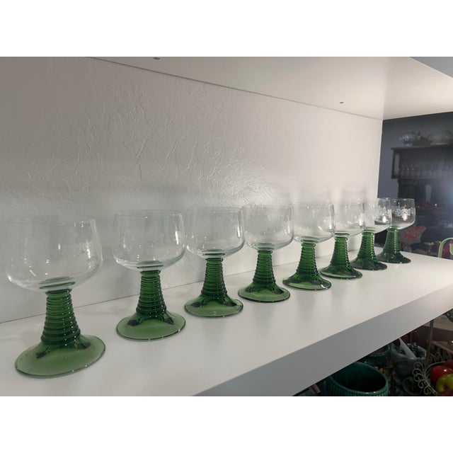 1970s German Crystal Roemer Glasses With Beautiful Beehive Green Stems - Set of 8 For Sale - Image 4 of 11