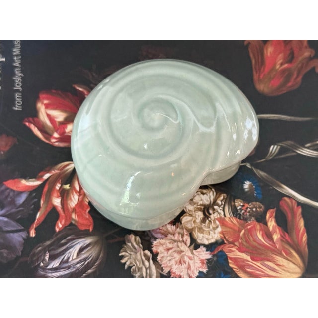 Pretty seashell shaped lidded box, circa 1980s. A Palm Beach treasure in celadon green. Most items found at Pub & Oasis...