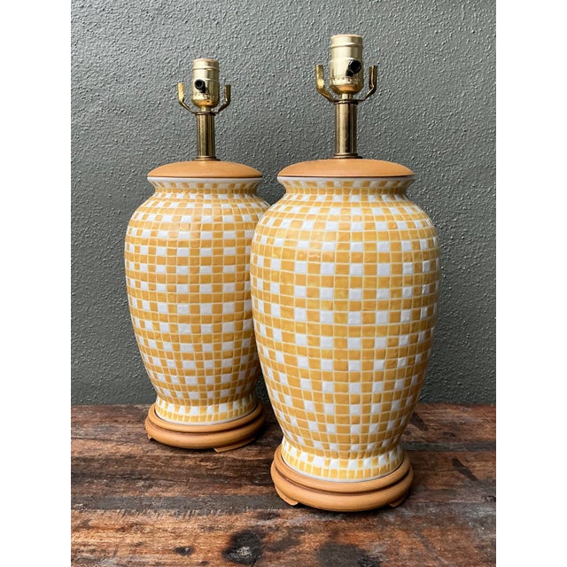 Wood Vintage Glazed Ceramic Grid Lamps - A Pair For Sale - Image 7 of 12