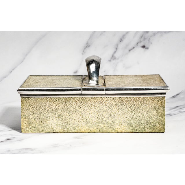 English Edwardian Antique Shagreen Leather Sterling Silver Cigar Box Tobacciana For Sale - Image 13 of 16