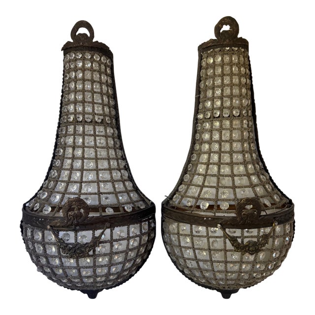 1930s French Basket Sconces (Crystal Empire Sconces), Set of 2 For Sale