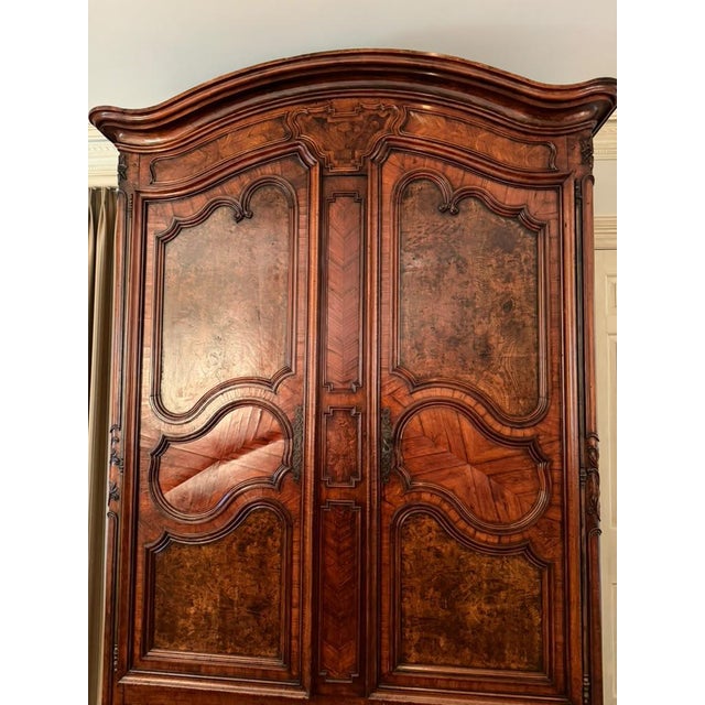 18th Century French Louis XV Walnut Armoire With Burr Elm, Chevron Inlay, Circa 1770 For Sale - Image 14 of 17