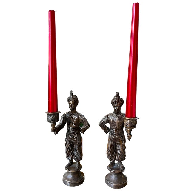 Vintage Maitland-Smith Attributed Bronze Turbaned Attendant Figural Candlesticks Manner of Tony Duquette – A Pair For Sale In Jacksonville, FL - Image 6 of 13