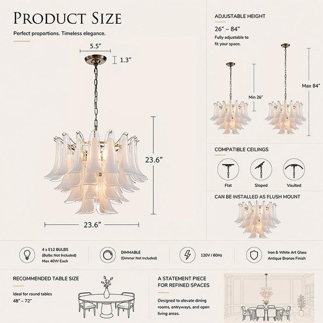 Bring a touch of timeless elegance to your home with this 4-light tiered chandelier featuring white art glass panels and a...