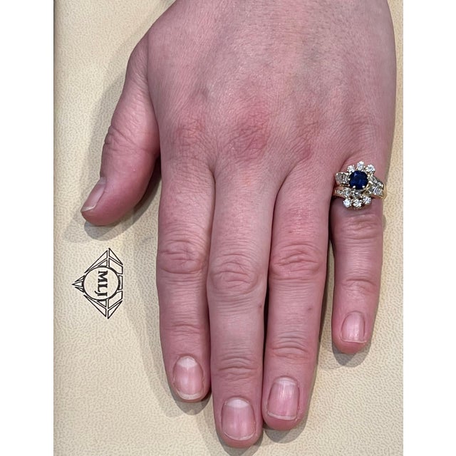 Traditional 1 Carat Round Blue Sapphire & 1.65 Carat Diamond Cocktail Ring in 14 Karat Gold For Sale - Image 3 of 18