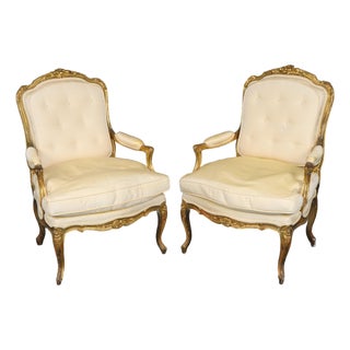 Pair 19th C. French Louis XV Style Giltwood Armchairs For Sale