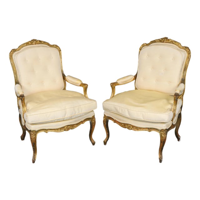 Pair 19th C. French Louis XV Style Giltwood Armchairs For Sale
