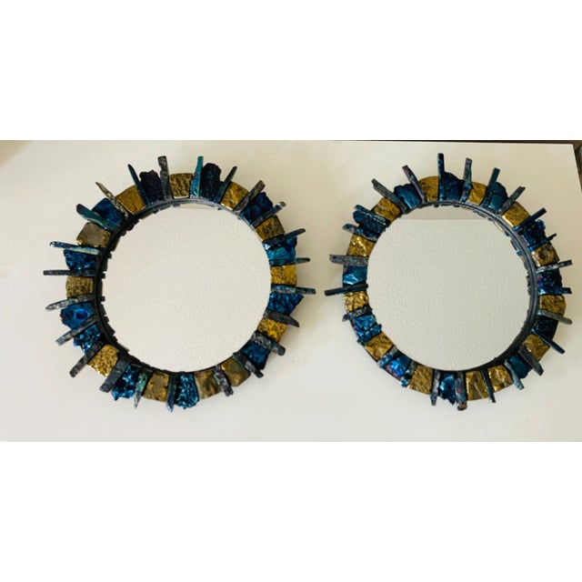Stunning gold and peacock blue sunburst mirrors encrusted in real agate stone, a pair.