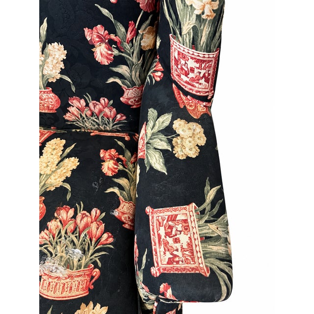 Late 20th Century Black Floral Chinoiserie Wingback Armchairs — A Pair For Sale - Image 10 of 16