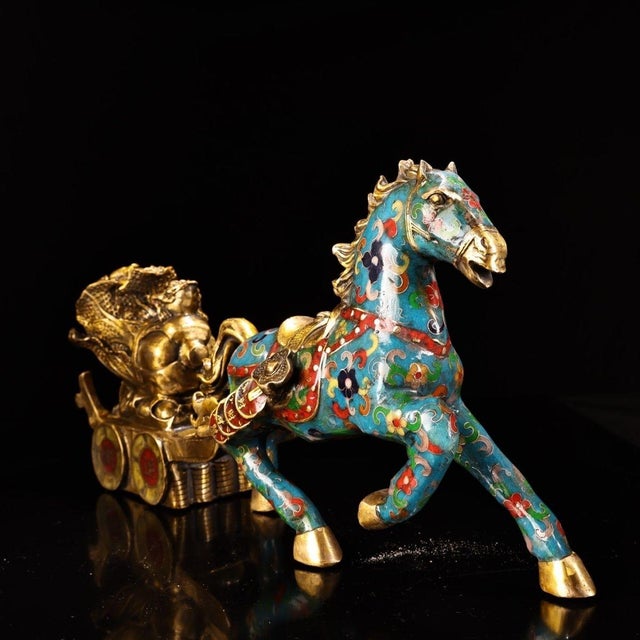 Chinoiserie Large Vintage Cloisonné Horse Pulling Treasure Cart - 15.7" Wide For Sale - Image 3 of 9