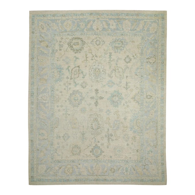 Early 21st Century Cream & Blue Floral Design Handwoven Wool Turkish Oushak Rug 8'2" X 10'3" For Sale
