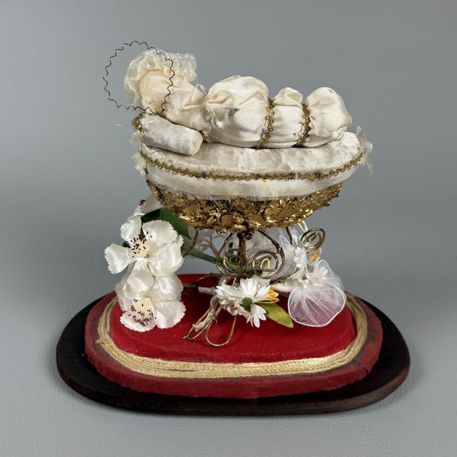 1960s Vintage 20th Century Mary Child in Bell Cradle with Flowers Wooden Base, 1950s For Sale - Image 5 of 16