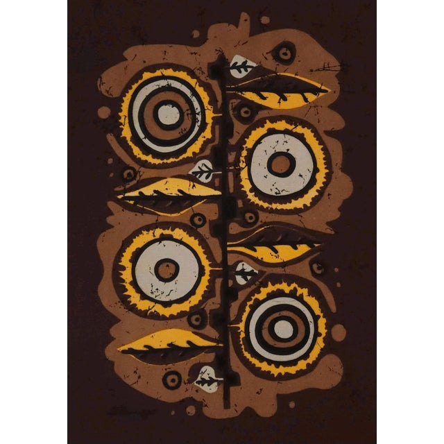 Mid-century screen-printed wall hanging. Signed by the german artist Traute Sänger Unused, very rare find in this Acquired...