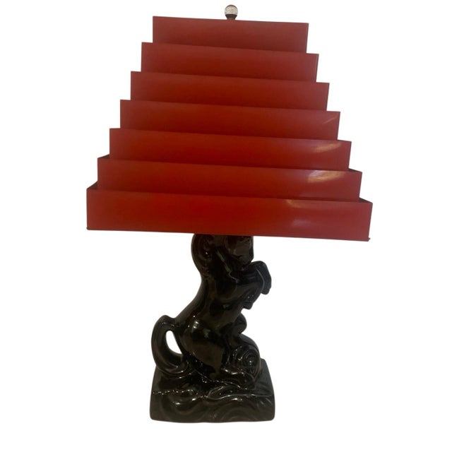 Pair of Black Ceramic Horse Mustang Lamps with Collabsable Metal Shades Mid Century Measures: Height: 23.5", Width: 14" ;...
