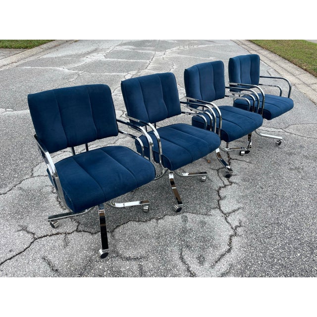 Mid-Century Modern Postmod Cal-Style Chrome and Velveteen Chairs, Set of 4 For Sale - Image 3 of 5