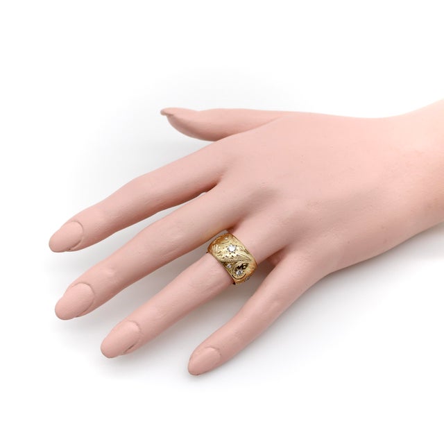 Gold Late 19th Century Victorian 14k Gold Hand-Engraved Celestial Themed Band or Ring With Diamonds, Size 6 For Sale - Image 8 of 9