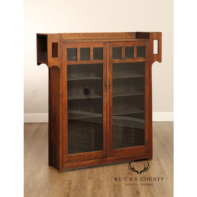 High Quality Antique Early 20th Century Solid Oak Bookcase with Two Glass Doors Opening to Adjustable Wooden Shelves, In...