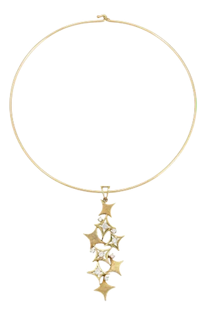 Retro 60s Diamond Cascading Star Necklace Collar 14k Yellow Gold Choker