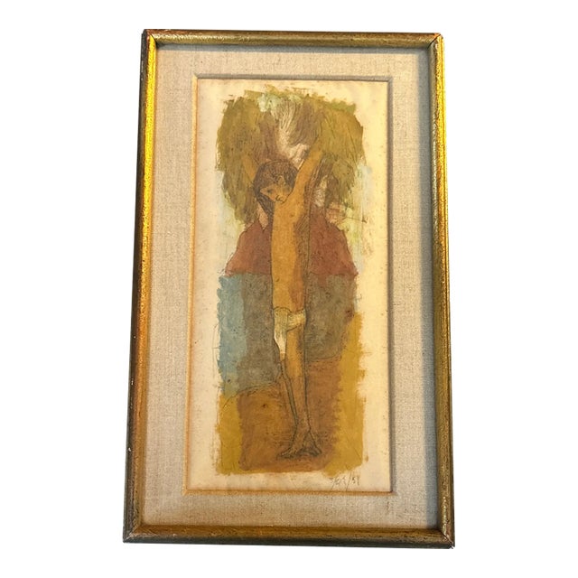 1950’s Original Folk Art Christ Watercolor / Ink Drawing For Sale