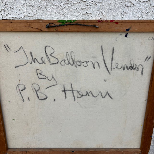 1960s Paul Blaine Henrie “The Balloon Vendor” Large Mid-Century Oil Painting, 30x48 For Sale - Image 16 of 18