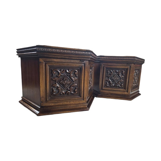 Spanish Revival Vintage 1970s Lane Furniture Carved Hexagonal Parquet Storage End Tables, Pair For Sale - Image 3 of 11