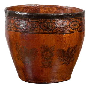 Thai Brown and Black Papier Mâché Basket with Floral Frieze and Bird Motifs