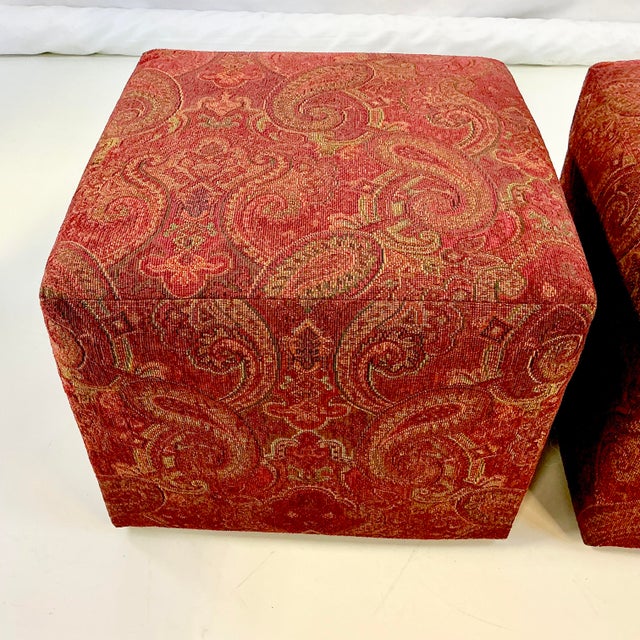Wood 1980s Vintage Rustic European Italian Paisley Chenille Low Stools - A Pair. For Sale - Image 7 of 12