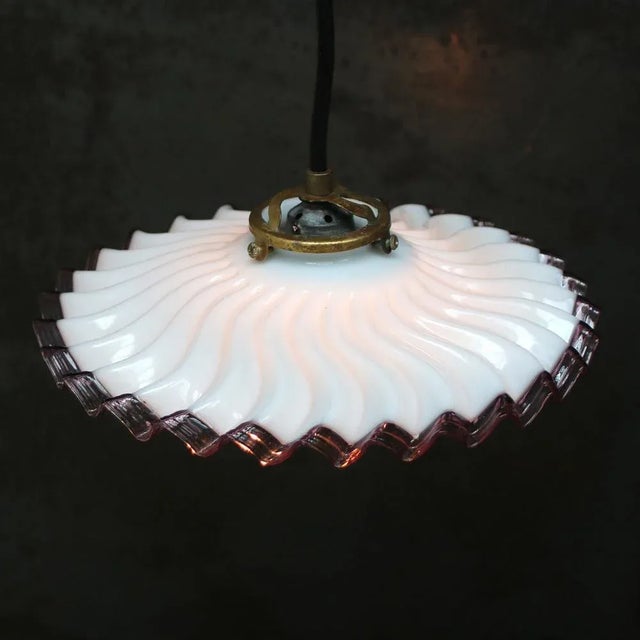 Mid-Century Modern French Brass Pendant Light with Purple Edge Opaline Glass Shade For Sale - Image 3 of 6