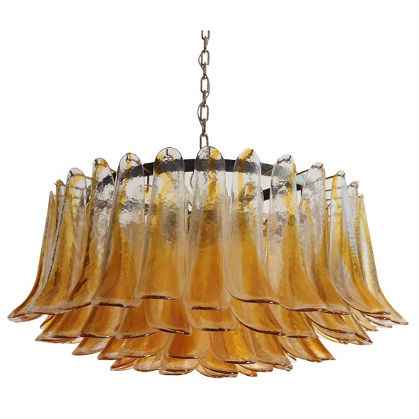 Large Murano Glass Chandelier with Amber Transparent Glass Petal, 1990 For Sale