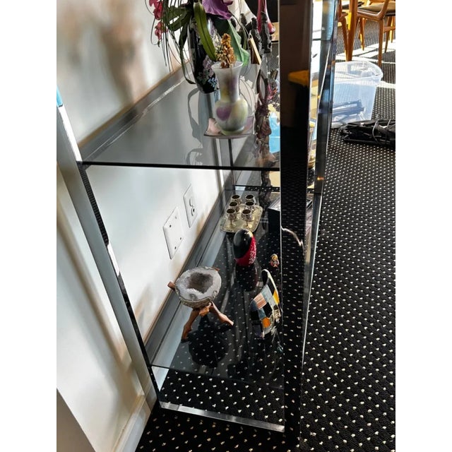 Matched Pair 1970s Chrome & Smoked-Glass Etageres 74″h – Milo Baughman Style – Estate Fresh For Sale - Image 11 of 15