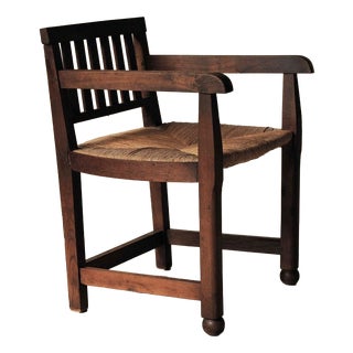 Brutalist Oak and Straw Armchair, France, 1950 For Sale