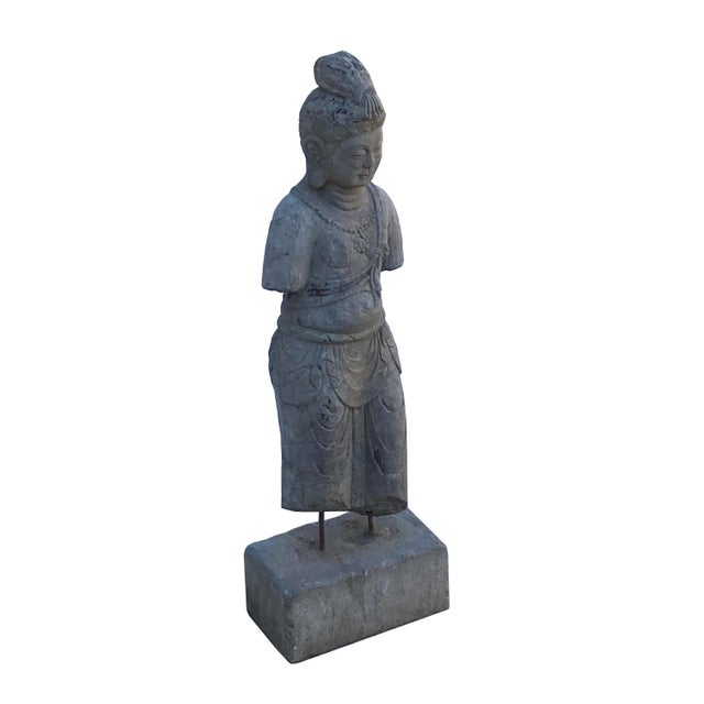 This is a Chinese decorative stone figure of a standing Kwan Yin, Tara, Bodhisattva with gray stone pattern color finish....
