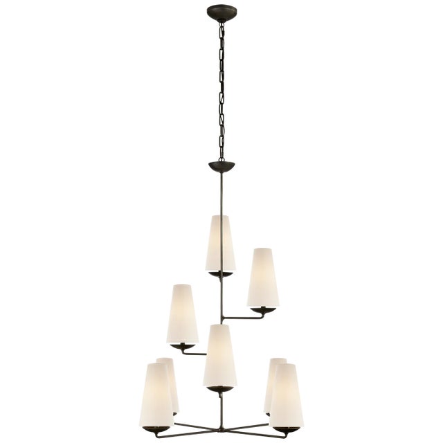 AERIN for Visual Comfort Signature Fontaine Vertical Chandelier in Aged Iron with Linen Shades For Sale