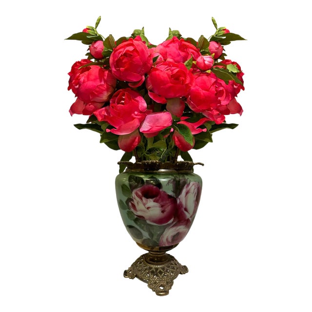 Vintage Victorian Hand Painted Ceramic and Brass Planter/Jardinere For Sale