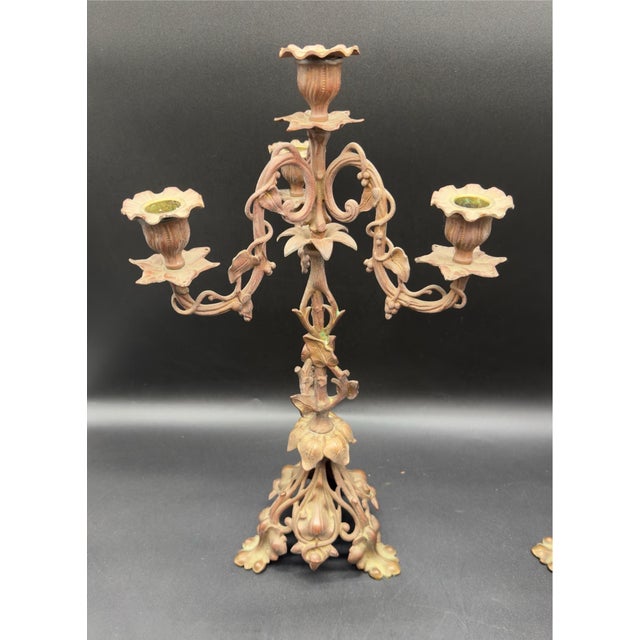 Art Nouveau Antique French Art Noveau Bronze Candelabra Set For Sale - Image 3 of 7