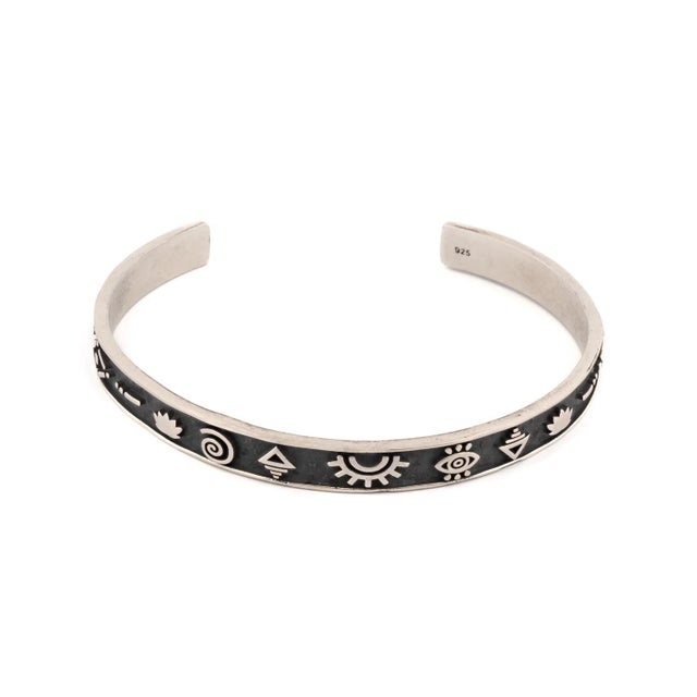 Silver Sterling Silver Spiritual Symbols Cuff Bracelet For Sale - Image 8 of 8
