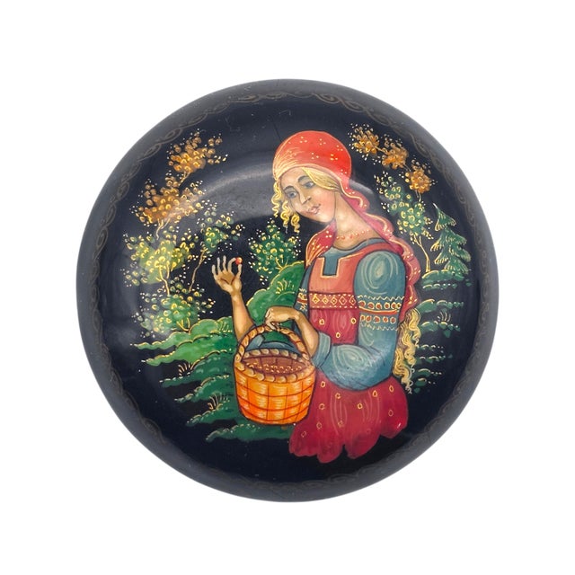 Late 20th Century Russian Palekh Style Hand Painted Lacquer Miniature Trinket Box Signed “Autumn” 2.125" For Sale - Image 5 of 16